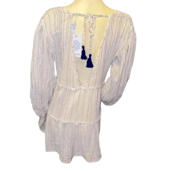 Blue Island Boho Beach Cover-Up Dress White Striped V-Neck Long Sleeve Large - Picture 5 of 11